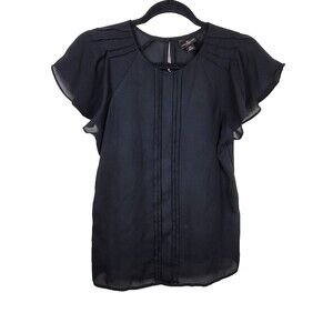 Worthington Womens S Petite Black Semi Sheer Short Flutter Sleeve Blouse